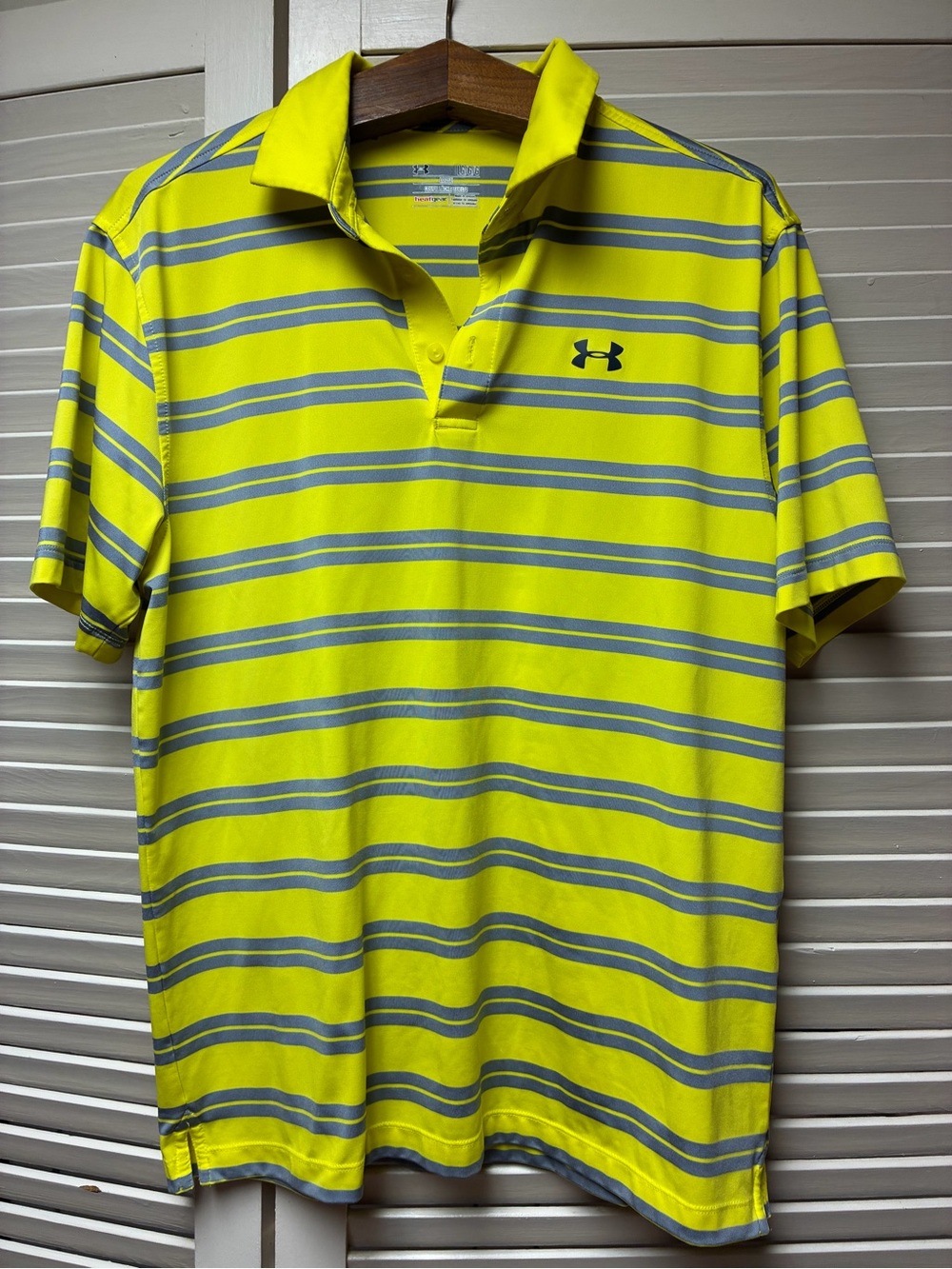 Under Armour Men's Neon Yellow Polo with Gray Stripes